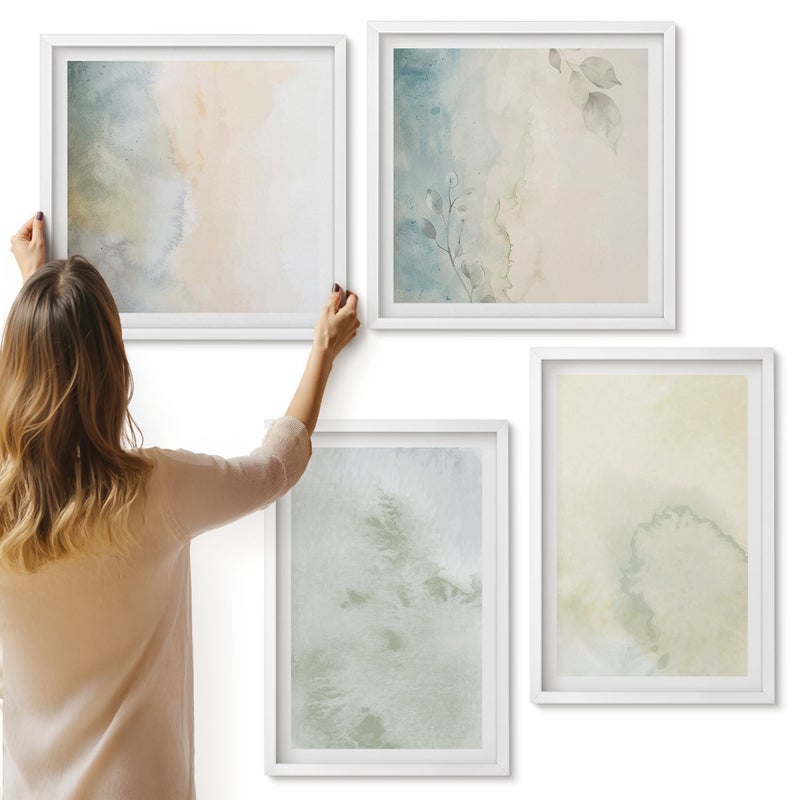 Galeria ścienna 4-częściowy komplet obrazów w białych ramach - Pastelolwe farby akwarelowe na płótnie tekstury - ArtPrintCave
