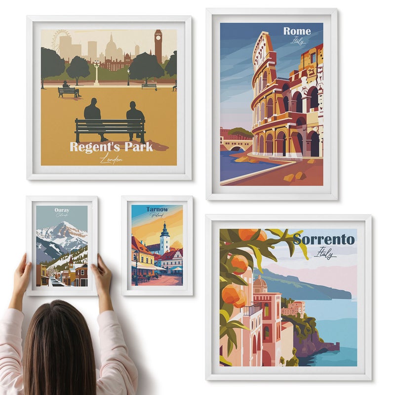 Galeria ścienna 5-częściowy komplet obrazów w białych ramach - Krajobrazy europejskich miast i malownicze widoki - ArtPrintCave