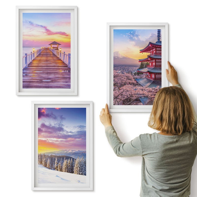 Galeria ścienna 3-częściowy komplet obrazów w białych ramach - Romantyczne krajobrazy z malowniczym niebem - ArtPrintCave