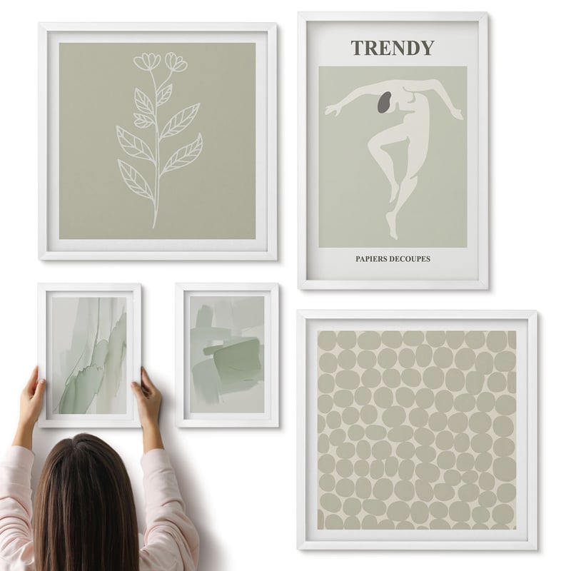 Galeria ścienna 5-częściowy komplet obrazów w białych ramach - Stylowe grafiki w odcieniach zieleni z abstrakcyjnymi motywami - ArtPrintCave