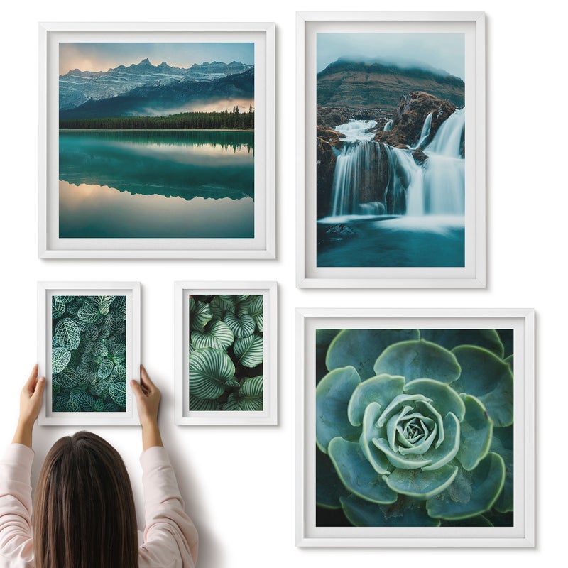 Galeria ścienna 5-częściowy komplet obrazów w białych ramach - Zielone rośliny i wodospady w stylu naturalnym - ArtPrintCave
