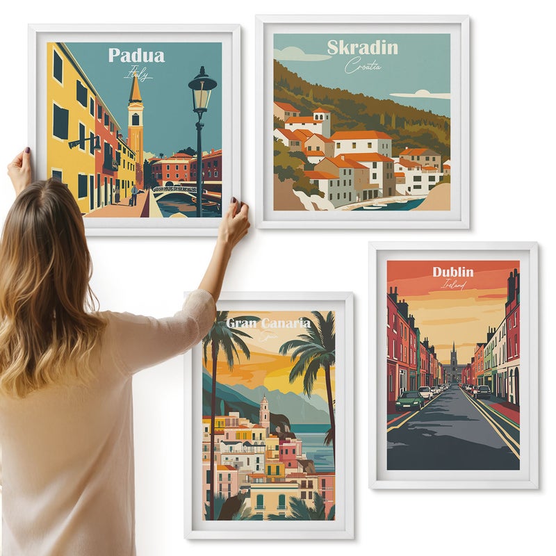 Galeria ścienna 4-częściowy komplet obrazów w białych ramach - Krajobrazy miast i natury w ciepłych kolorach - ArtPrintCave