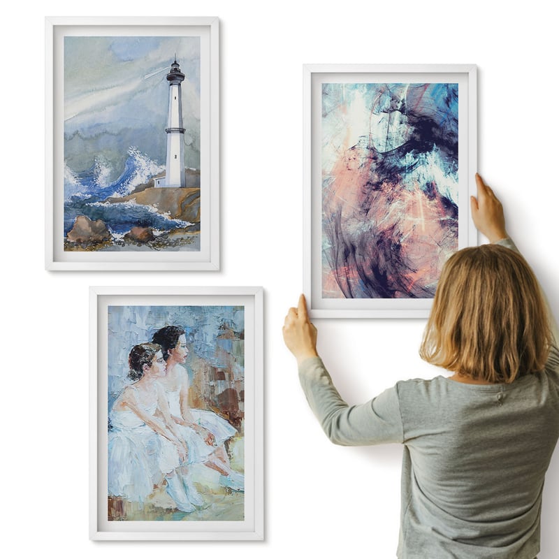 Galeria ścienna 3-częściowy komplet obrazów w białych ramach - Malowana latarnia morska abstrakcja i tancerki - ArtPrintCave