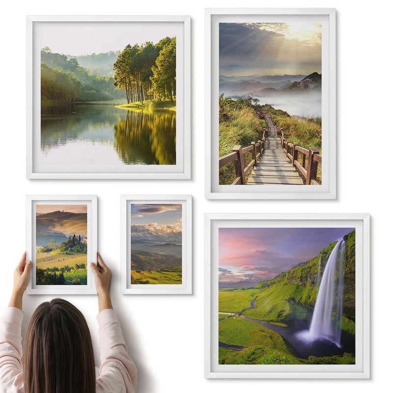 Galeria ścienna 5-częściowy komplet obrazów w białych ramach - Naturalne krajobrazy z wodospadami i górskimi widokami - ArtPrintCave