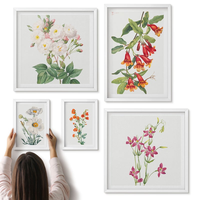 Galeria ścienna 5-częściowy komplet obrazów w białych ramach - Kwiatowe motywy w stylu botanicznym na płótnie - ArtPrintCave