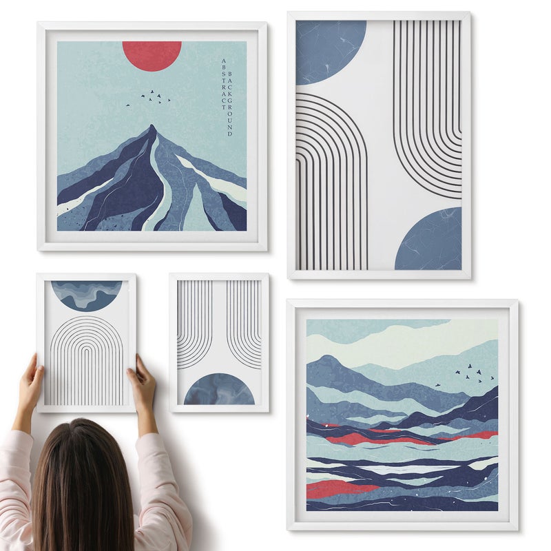 Galeria ścienna 5-częściowy komplet obrazów w białych ramach - Abstrakcyjne pejzaże z geometrycznymi kształtami i kolorami - ArtPrintCave