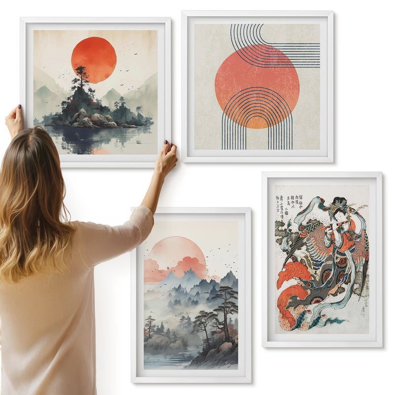 Galeria ścienna 4-częściowy komplet obrazów w białych ramach - Azjatyckie malunki pejzaże i portret w stylu japandi - ArtPrintCave