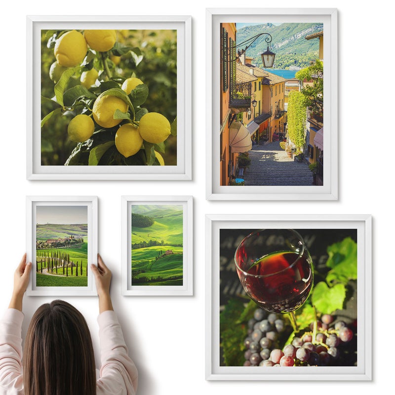 Galeria ścienna 5-częściowy komplet obrazów w białych ramach - Urokliwe krajobrazy włoskiej Toskanii z winoroślami i cytrynami - ArtPrintCave