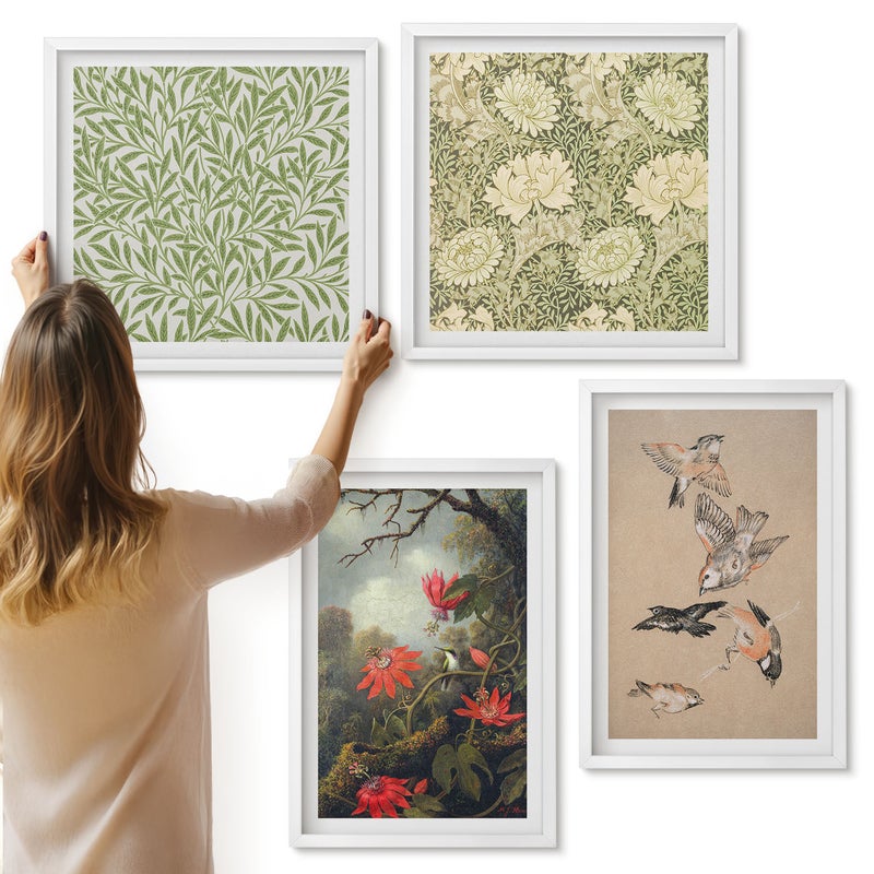 Galeria ścienna 4-częściowy komplet obrazów w białych ramach - Kwiaty i ptaki w naturalnym otoczeniu przyrody - ArtPrintCave