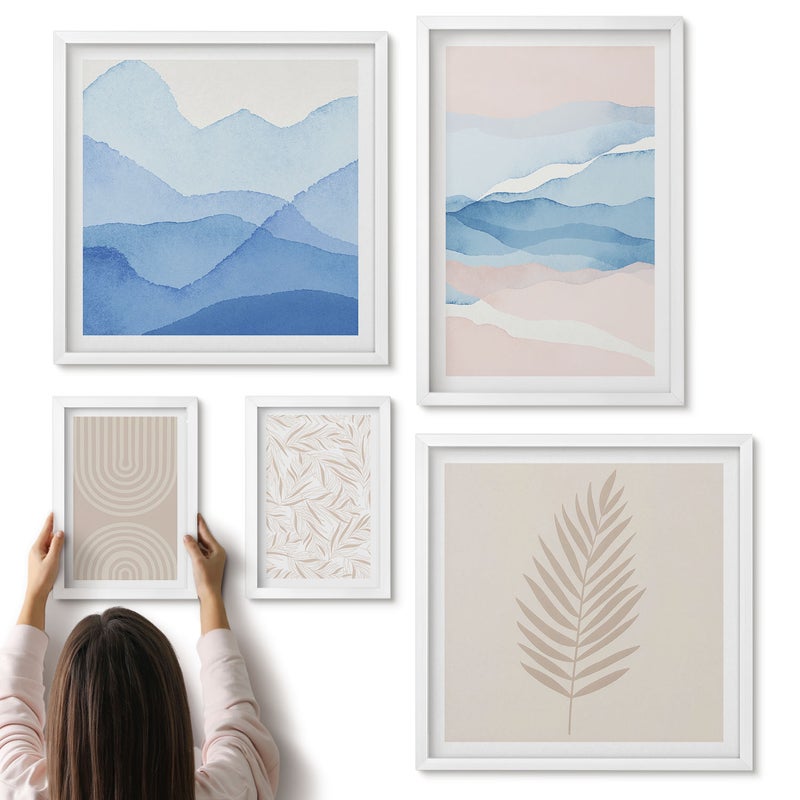 Galeria ścienna 5-częściowy komplet obrazów w białych ramach - Abstrakcyjne pejzaże w pastelowych odcieniach z liśćmi - ArtPrintCave