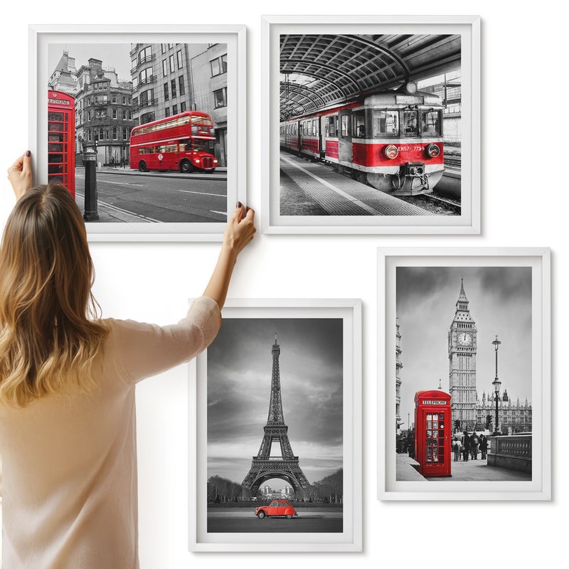 Galeria ścienna 4-częściowy komplet obrazów w białych ramach - Czerwone autobusy w miejskim krajobrazie - ArtPrintCave
