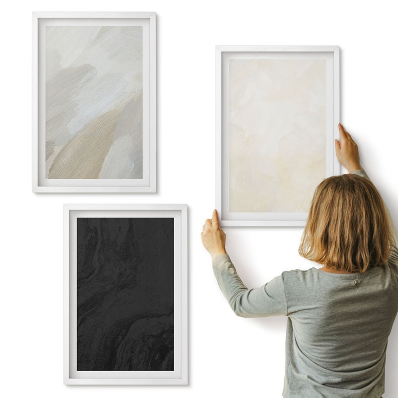 Galeria ścienna 3-częściowy komplet obrazów w białych ramach - Struktury w różnych odcieniach minimalizm - ArtPrintCave