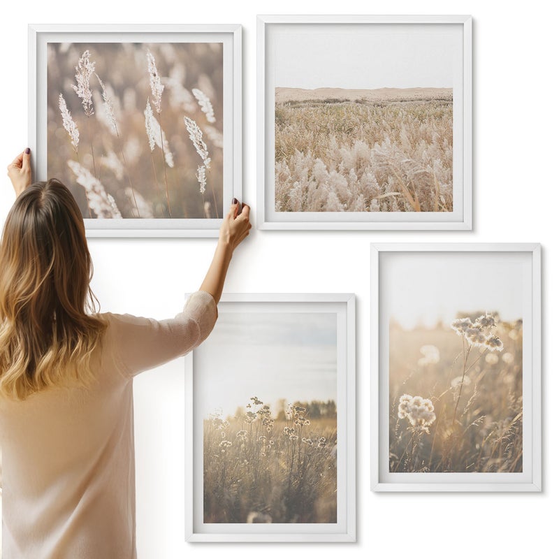 Galeria ścienna 4-częściowy komplet obrazów w białych ramach - Krajobraz z trawami i kwiatami w ciepłych odcieniach - ArtPrintCave