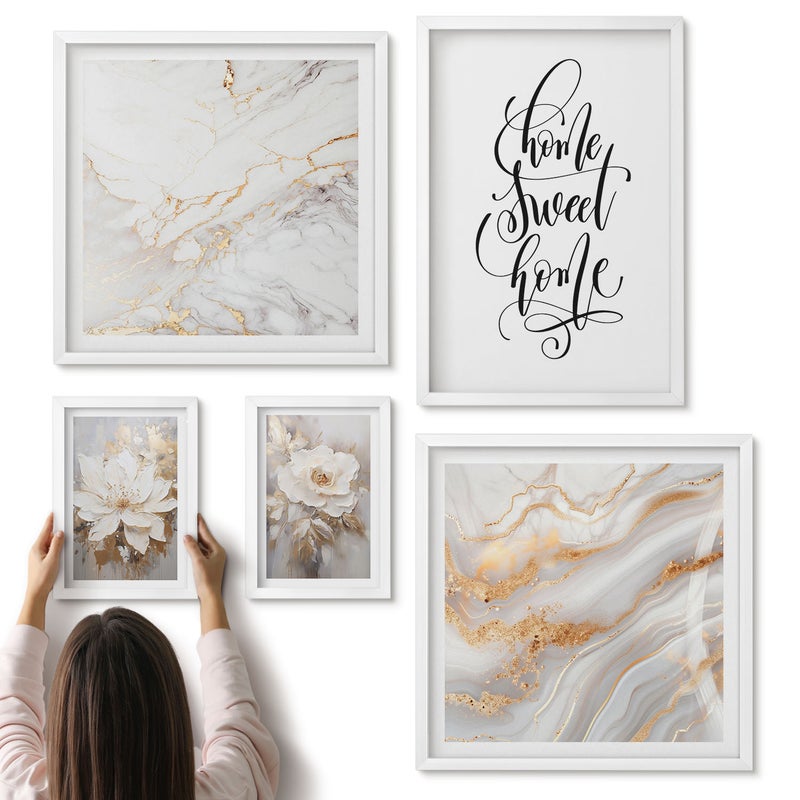Galeria ścienna 5-częściowy komplet obrazów w białych ramach - Stylowe kwiaty i eleganckie marmurowe wzory do wnętrz - ArtPrintCave