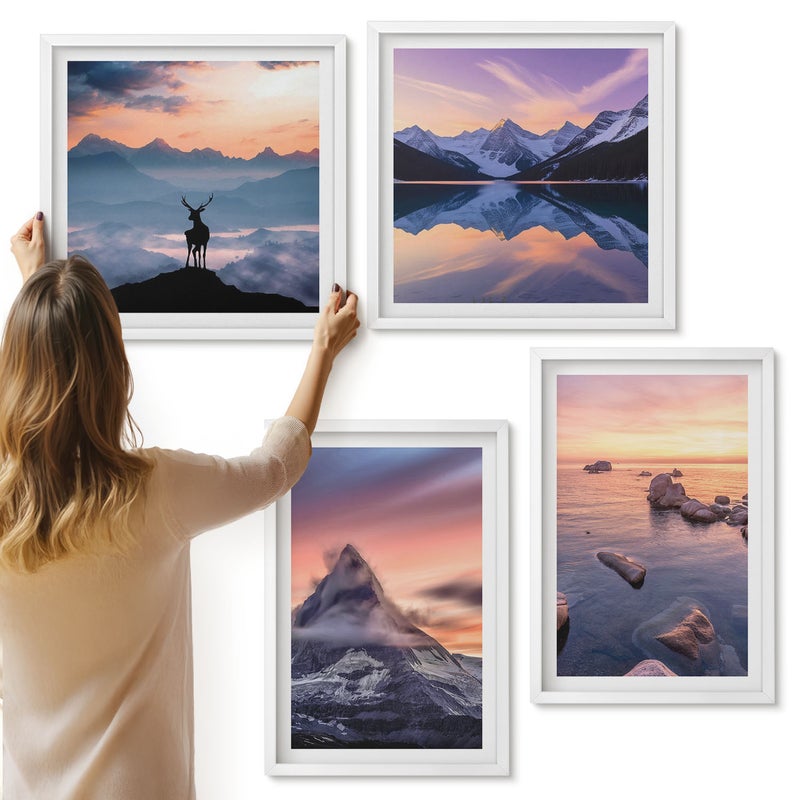 Galeria ścienna 4-częściowy komplet obrazów w białych ramach - Krajobrazy góry jeziora jeleń i zachód słońca - ArtPrintCave