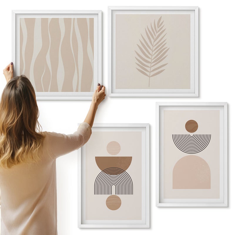 Galeria ścienna 4-częściowy komplet obrazów w białych ramach - Abstrakcyjne kształty w odcieniach brązu i beżu - ArtPrintCave