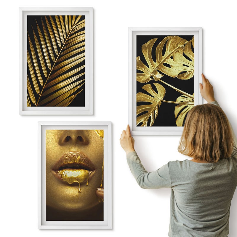 Galeria ścienna 3-częściowy komplet obrazów w białych ramach - Liście palmowe twarz kobiety liście monstery - ArtPrintCave