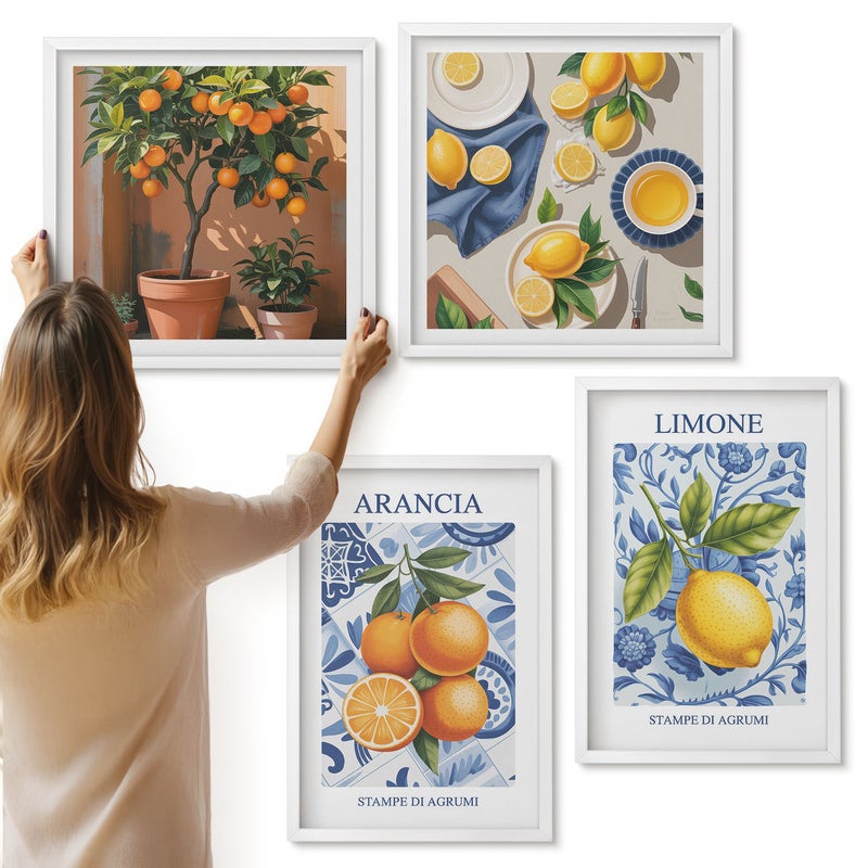 Galeria ścienna 4-częściowy komplet obrazów w białych ramach - Owocowe ilustracje cytrusów w stylu vintage - ArtPrintCave