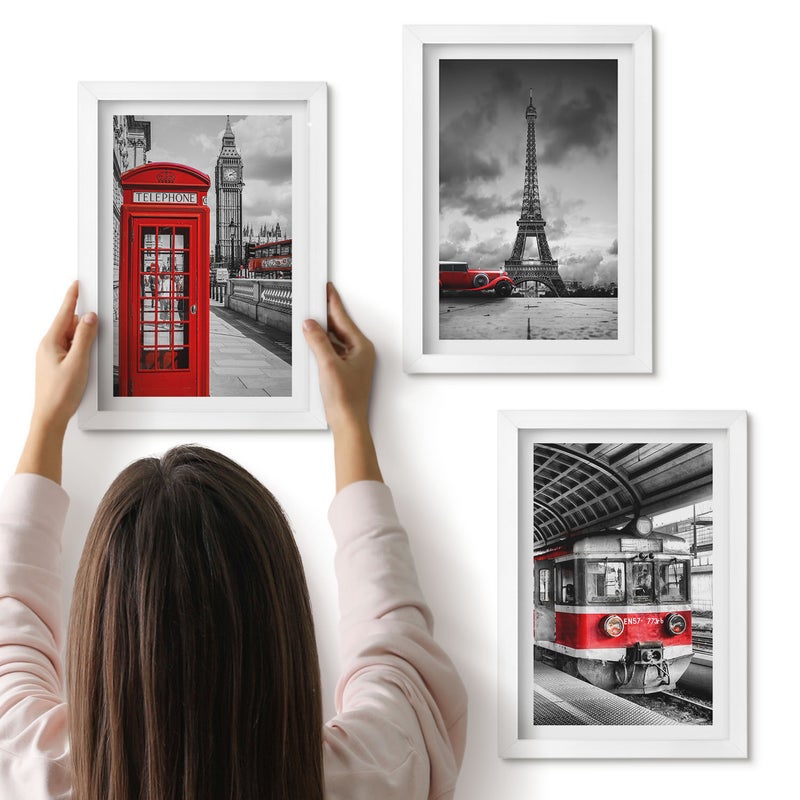 Galeria ścienna 3-częściowy komplet obrazów w białych ramach - Ikony miast Londyn Paryż i transport kolejowy - ArtPrintCave