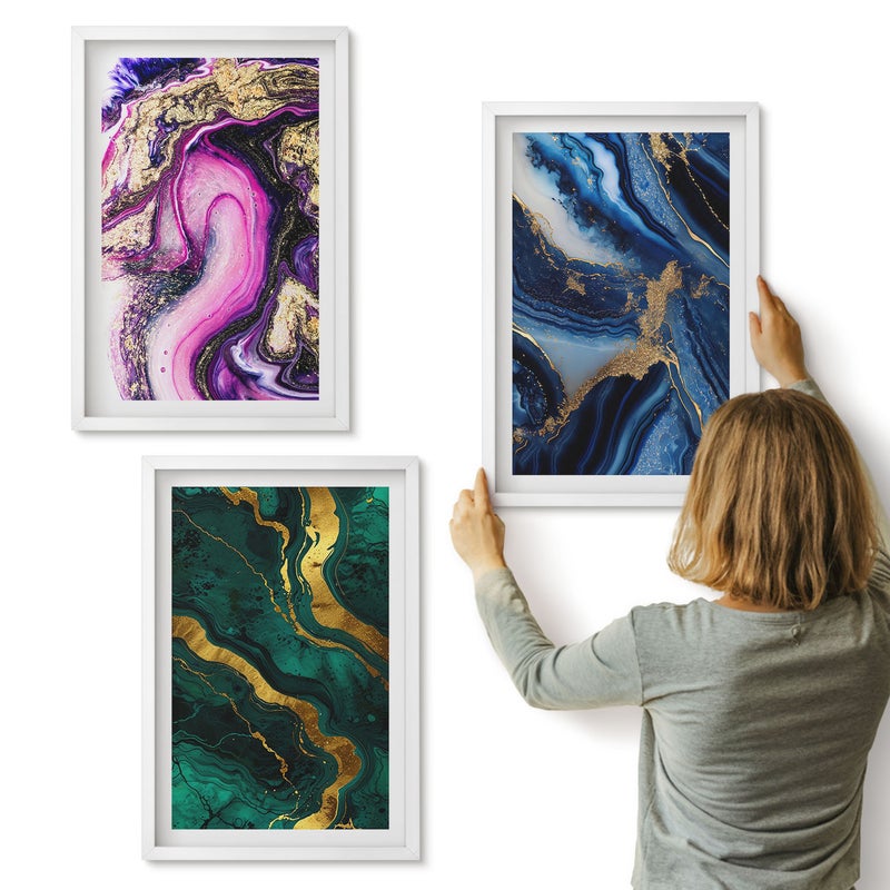 Galeria ścienna 3-częściowy komplet obrazów w białych ramach - Abstrakcyjne wzory w odcieniach różu zieleni i niebieskiego - ArtPrintCave