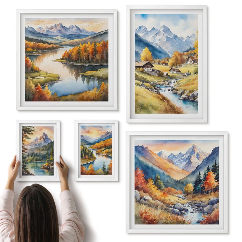 Galeria ścienna 5-częściowy komplet obrazów w białych ramach - Malownicze krajobrazy górskie z rzekami i lasami - ArtPrintCave