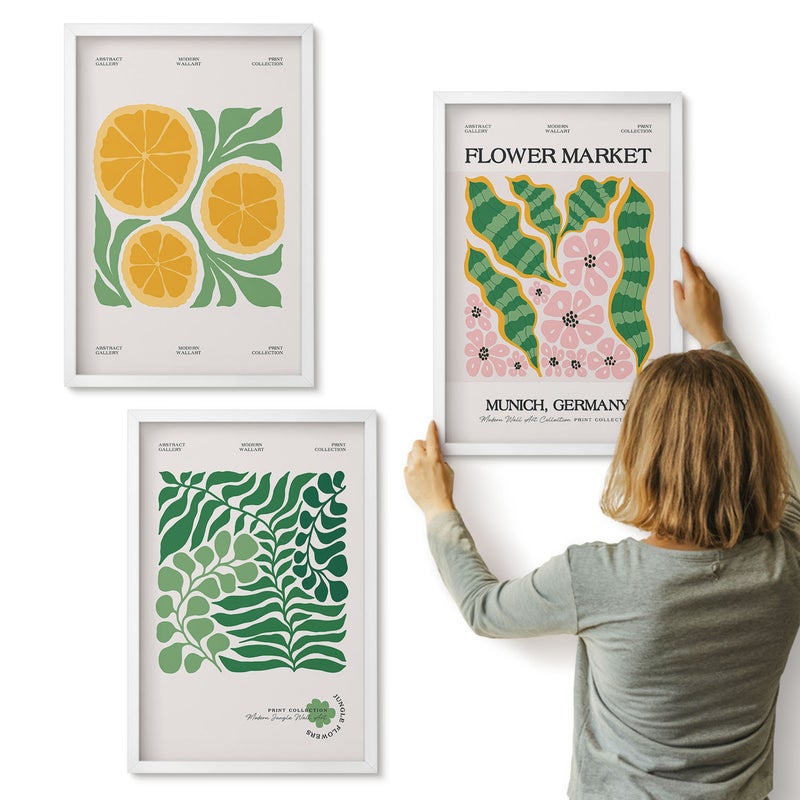 Galeria ścienna 3-częściowy komplet obrazów w białych ramach - Motywy owocowe i roślinne w pastelowych kolorach postery - ArtPrintCave
