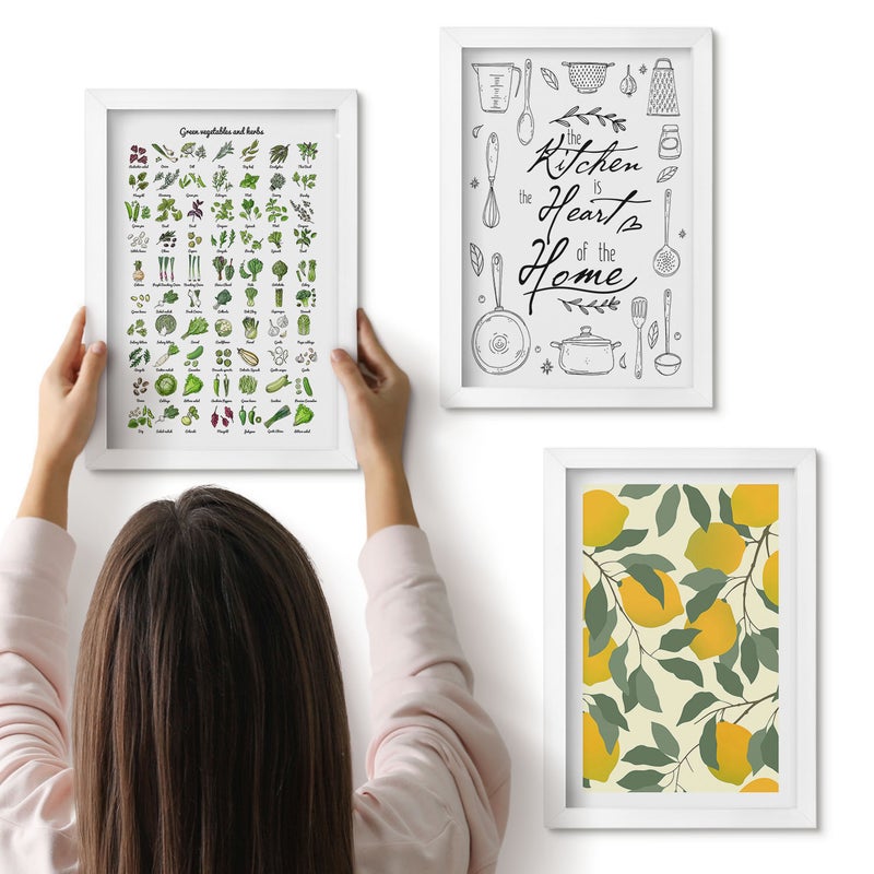 Galeria ścienna 3-częściowy komplet obrazów w białych ramach - Lista ziół kuchenny napis i malowane cytryny - ArtPrintCave