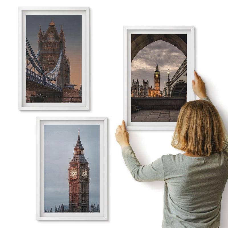 Galeria ścienna 3-częściowy komplet obrazów w białych ramach - Widoki Londynu z mostem i zegarem Big Benem - ArtPrintCave