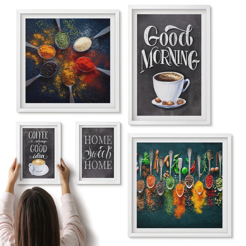 Galeria ścienna 5-częściowy komplet obrazów w białych ramach - Kawowe inspiracje dla miłośników aromatycznych napojów - ArtPrintCave
