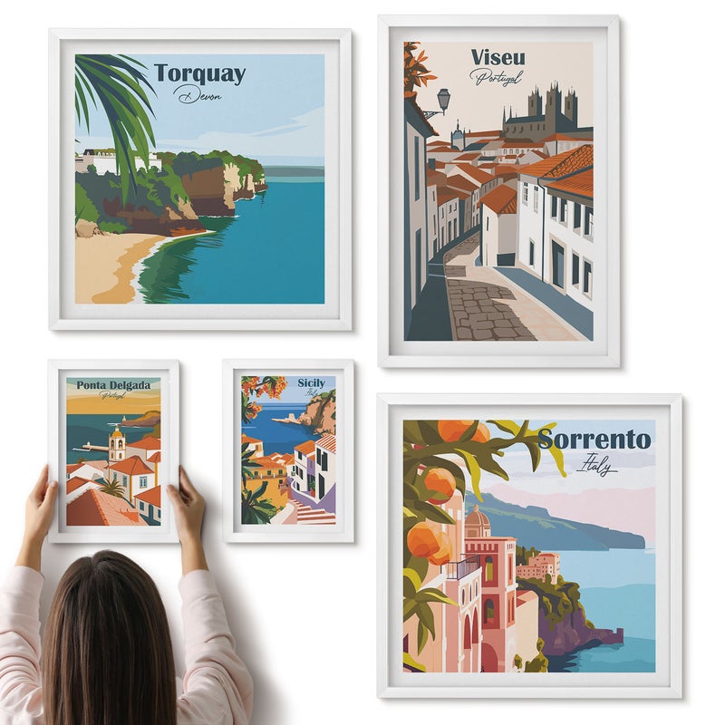 Galeria ścienna 5-częściowy komplet obrazów w białych ramach - Europejskie miasteczka widoki na malownicze uliczki - ArtPrintCave