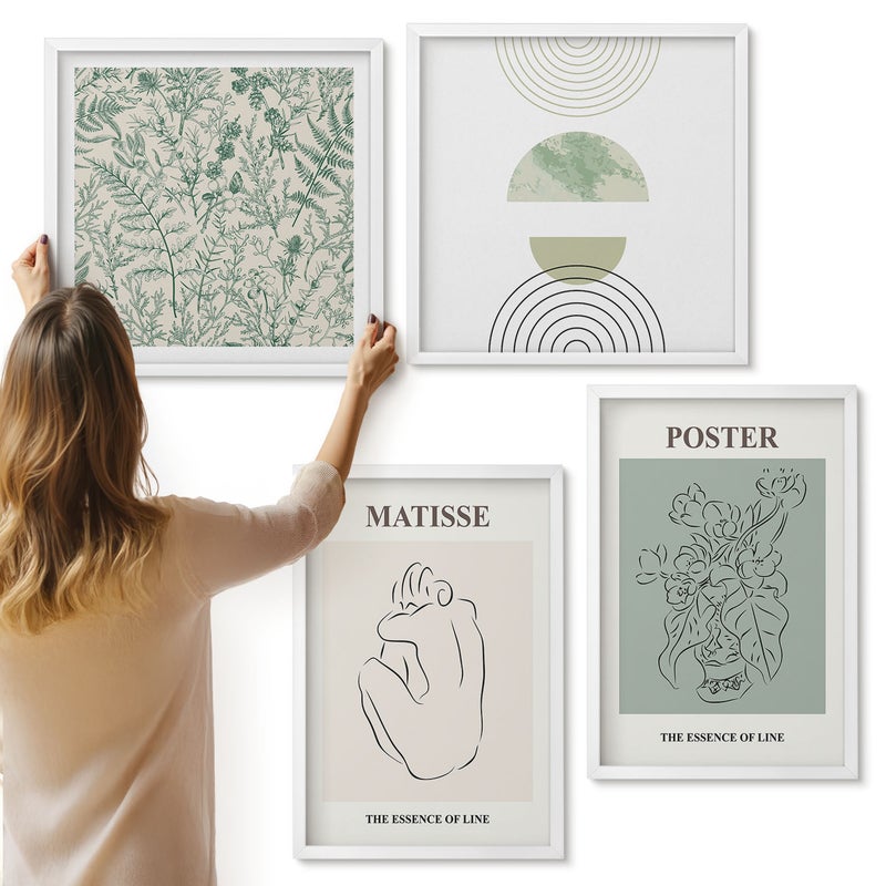 Galeria ścienna 4-częściowy komplet obrazów w białych ramach - Linie i roślinne wzory w minimalistycznym stylu - ArtPrintCave