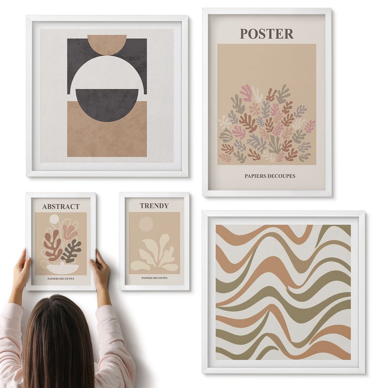Galeria ścienna 5-częściowy komplet obrazów w białych ramach - Stylowe abstrakcje roślinne w odcieniach ziemi - ArtPrintCave