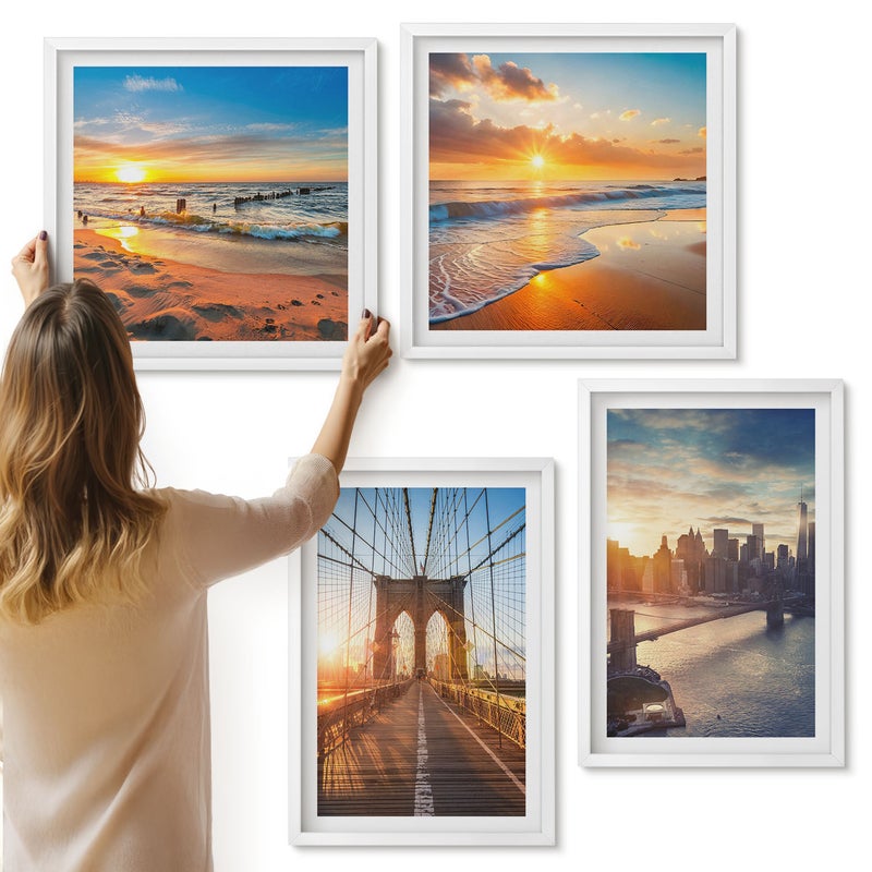 Galeria ścienna 4-częściowy komplet obrazów w białych ramach - Mosty i zachody słońca w miejskim krajobrazie - ArtPrintCave