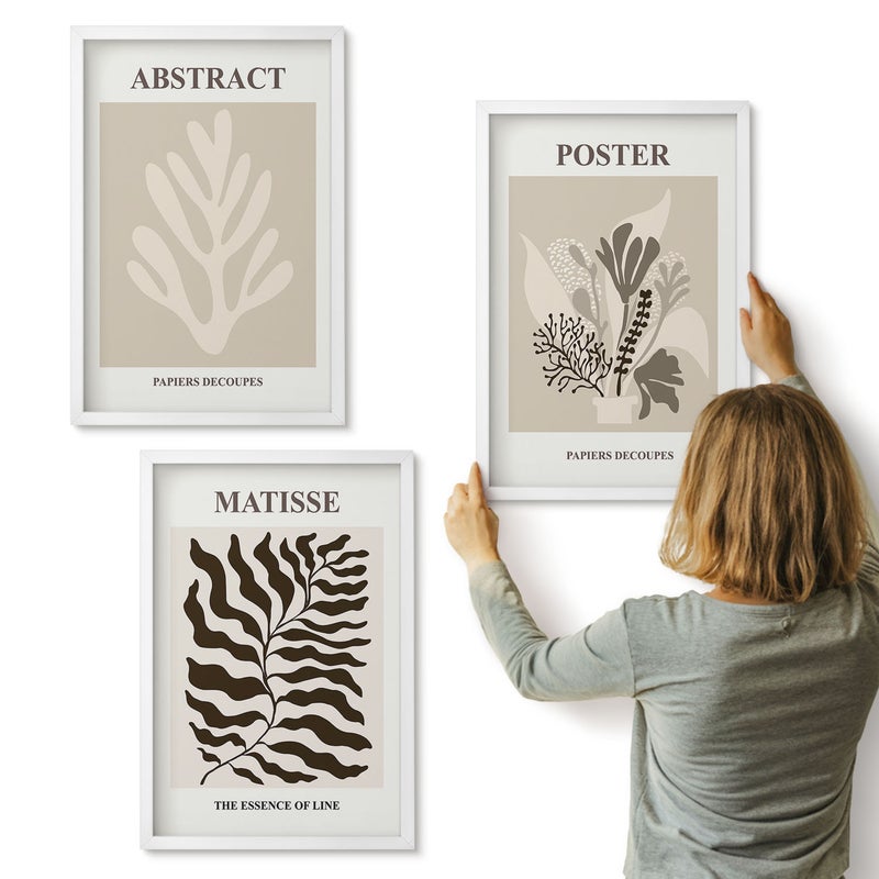 Galeria ścienna 3-częściowy komplet obrazów w białych ramach - Roślinne wzory w odcieniach beżu i brązu - ArtPrintCave