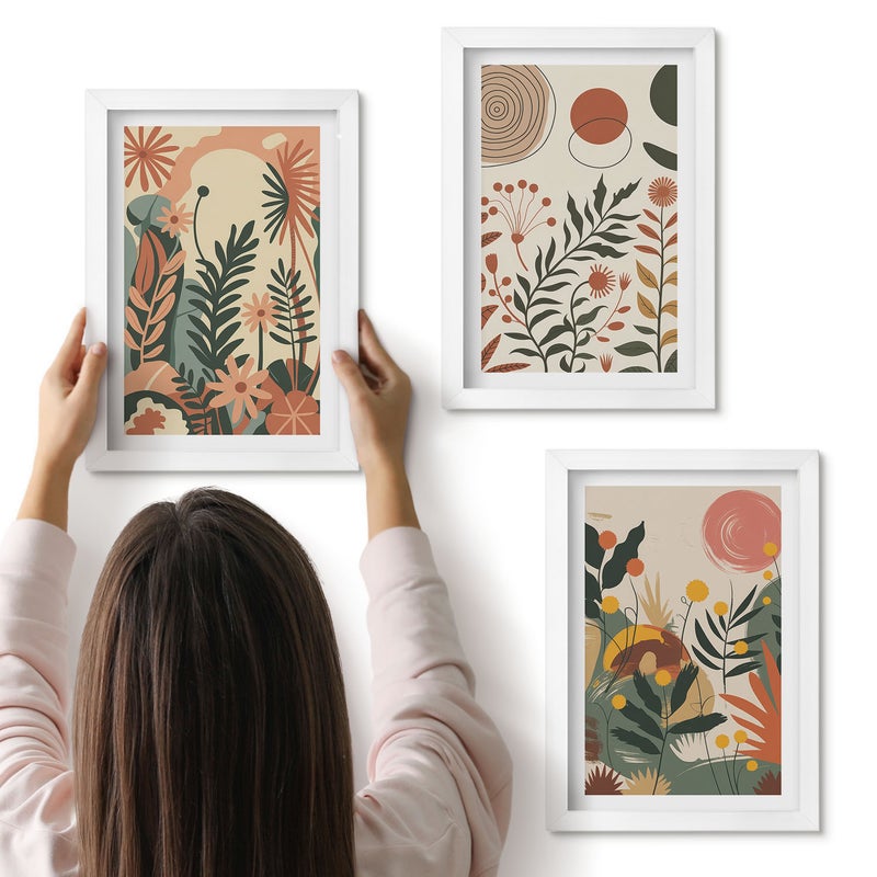 Galeria ścienna 3-częściowy komplet obrazów w białych ramach - Roślinne wzory vintage w odcieniach pastelowych - ArtPrintCave