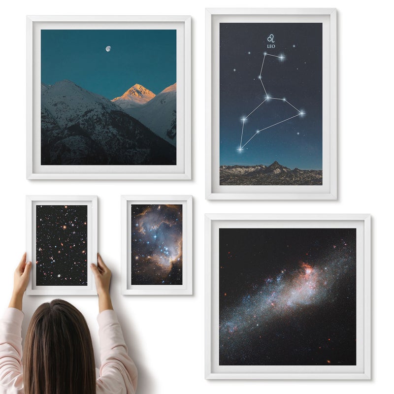 Galeria ścienna 5-częściowy komplet obrazów w białych ramach - Kosmiczne konstelacje i galaktyki w przestrzeni nocnej - ArtPrintCave