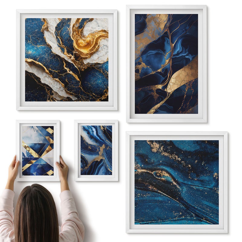 Galeria ścienna 5-częściowy komplet obrazów w białych ramach - Abstrakcyjne wzory w odcieniach niebieskiego - ArtPrintCave