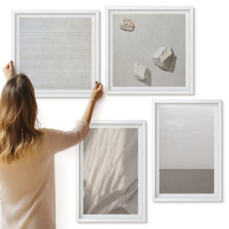 Galeria ścienna 4-częściowy komplet obrazów w białych ramach - Delikatne naturalne tekstury w stylu boho - ArtPrintCave