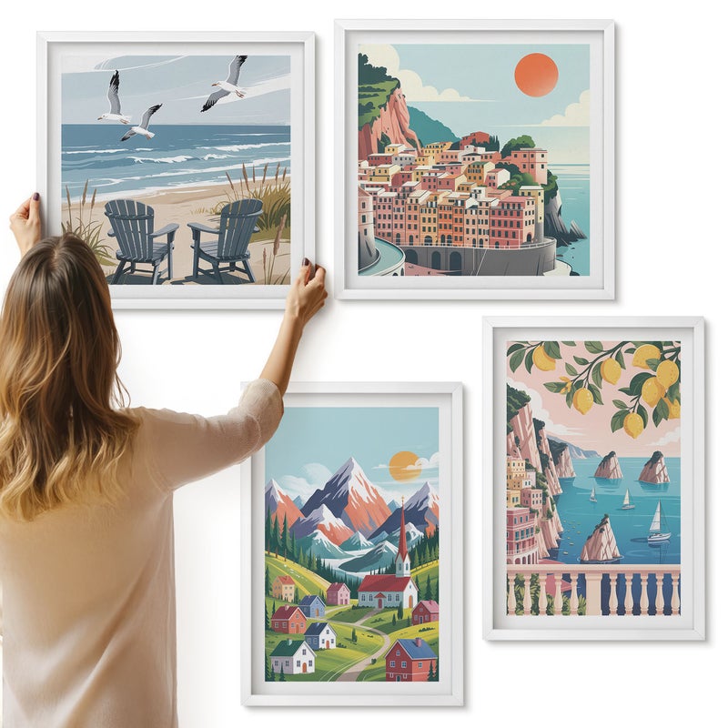 Galeria ścienna 4-częściowy komplet obrazów w białych ramach - Kolorowe krajobrazy górskie i nadmorskie miasta - ArtPrintCave