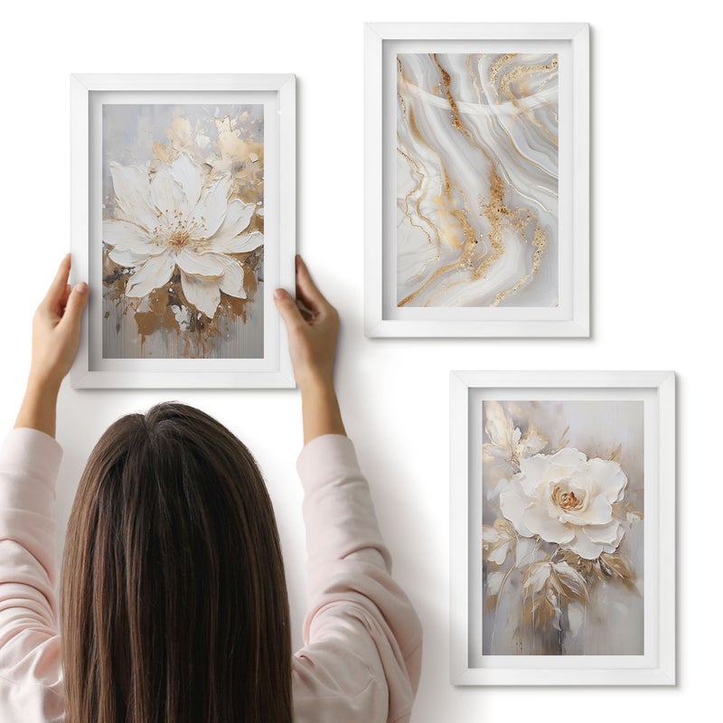 Galeria ścienna 3-częściowy komplet obrazów w białych ramach - Kwiaty i abstrakcyjny wzór marmuru - ArtPrintCave