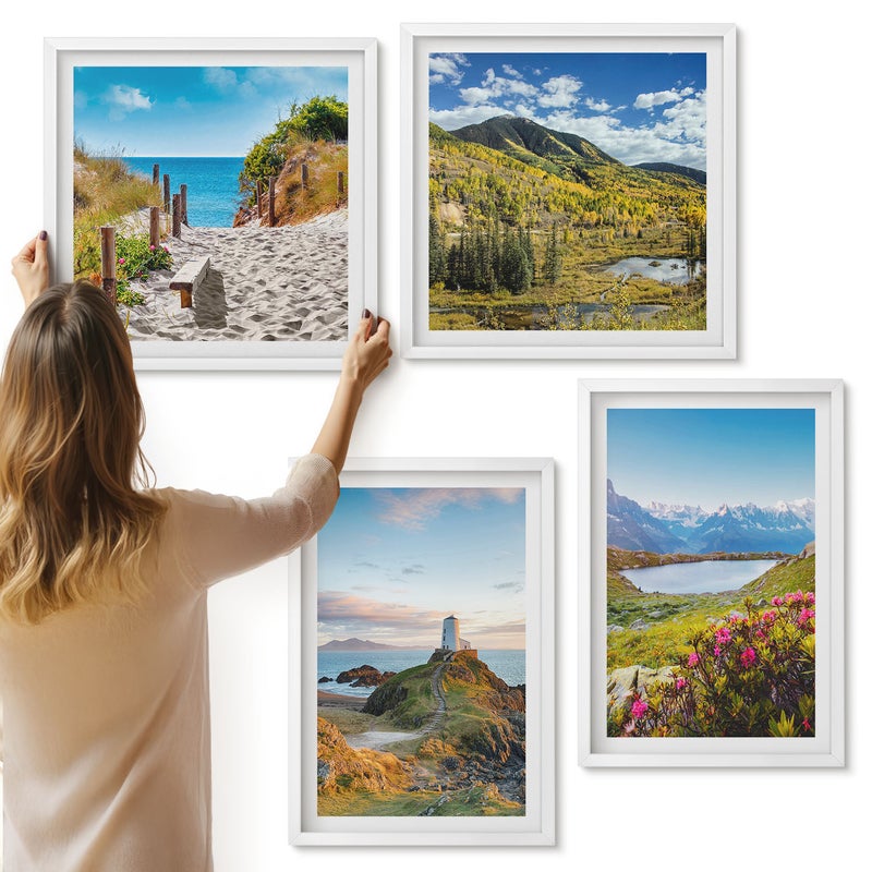 Galeria ścienna 4-częściowy komplet obrazów w białych ramach - Widok plaży latarni morskiej gór i łąk kwiatów - ArtPrintCave