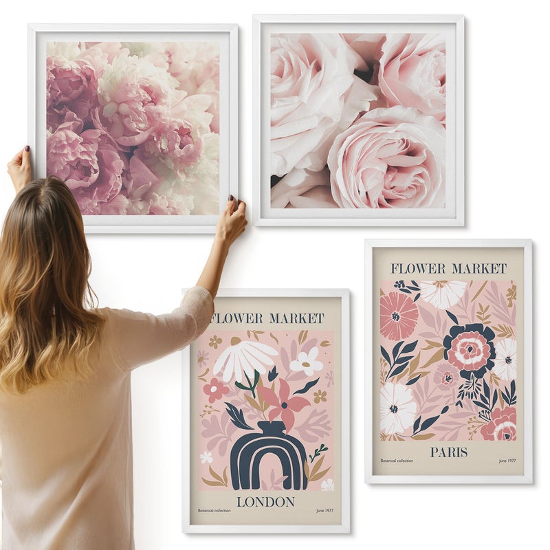 Galeria ścienna 4-częściowy komplet obrazów w białych ramach - Kwiatowe motywy róże piwonie Londyn Paryż - ArtPrintCave