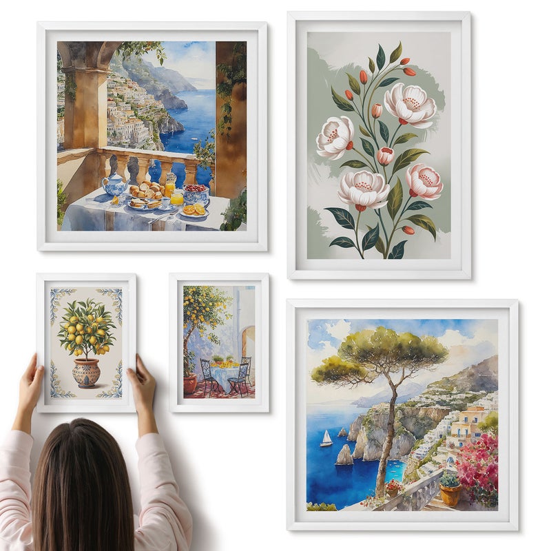 Galeria ścienna 5-częściowy komplet obrazów w białych ramach - Kwiatowe motywy i widoki na malownicze krajobrazy - ArtPrintCave