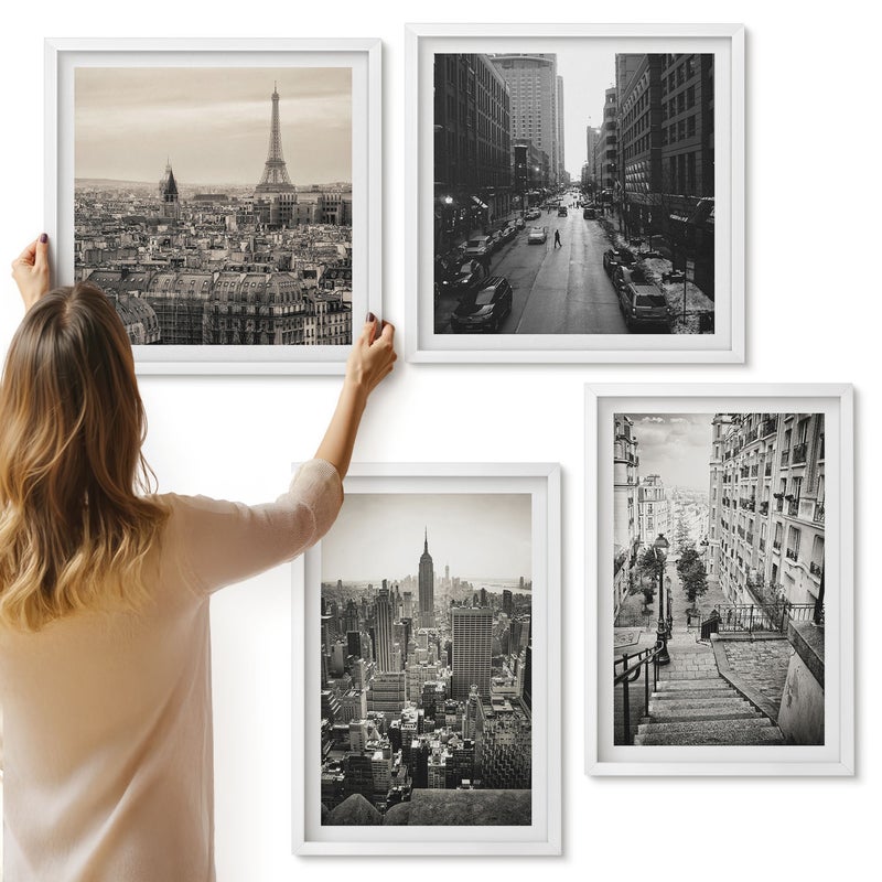 Galeria ścienna 4-częściowy komplet obrazów w białych ramach - Widoki miast Paryż Nowy Jork i urokliwe schody - ArtPrintCave