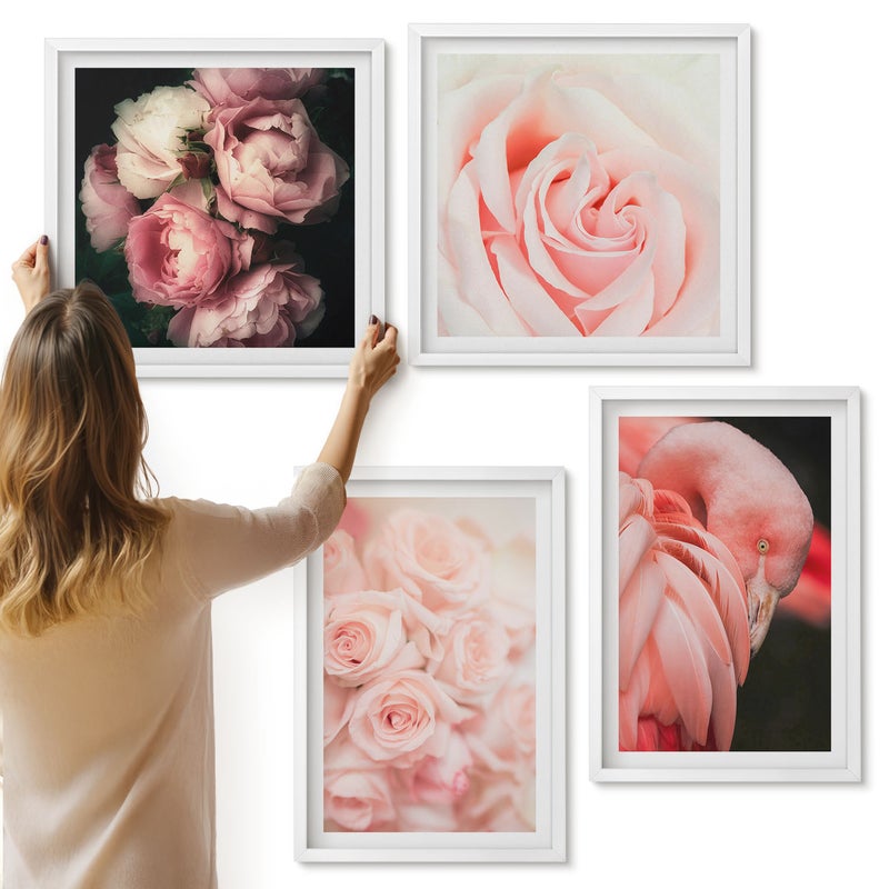 Galeria ścienna 4-częściowy komplet obrazów w białych ramach - Pastelowe róże i flaming w delikatnych odcieniach - ArtPrintCave