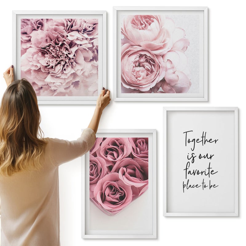 Galeria ścienna 4-częściowy komplet obrazów w białych ramach - Kwiaty i bukiety róż z domowym napisem - ArtPrintCave
