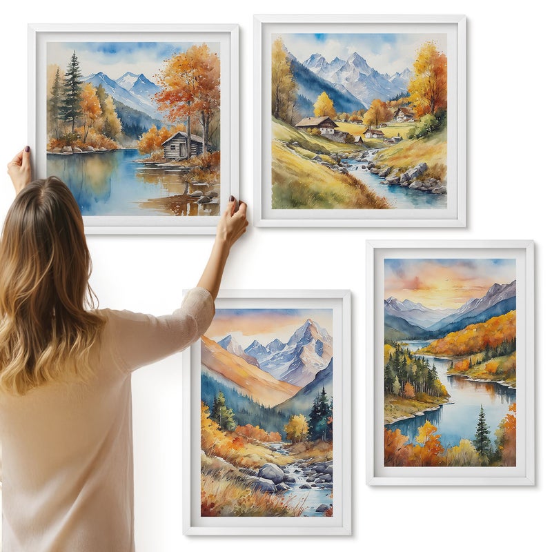 Galeria ścienna 4-częściowy komplet obrazów w białych ramach - Górski krajobraz z rzeką i jesiennymi drzewami - ArtPrintCave