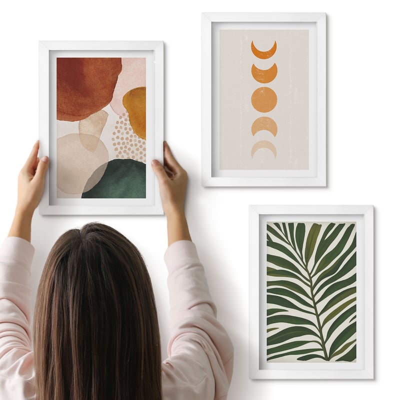 Galeria ścienna 3-częściowy komplet obrazów w białych ramach - Abstrakcyjne kształty w ciepłych kolorach i liście - ArtPrintCave
