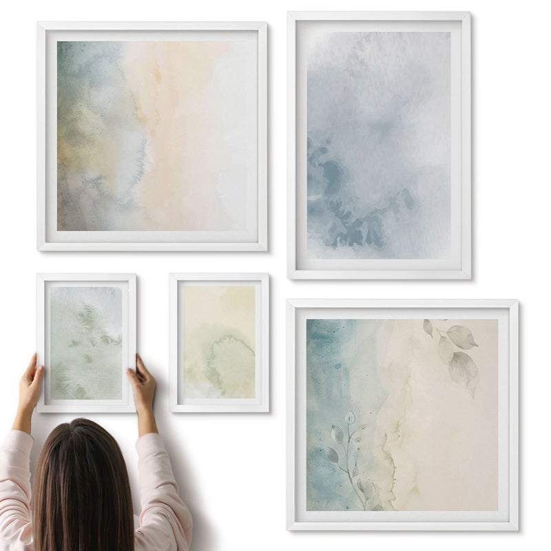 Galeria ścienna 5-częściowy komplet obrazów w białych ramach - Pastelolwe farby akwarelowe na płótnie tekstury - ArtPrintCave