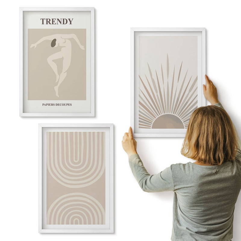Galeria ścienna 3-częściowy komplet obrazów w białych ramach - Pastelowe postery modne abstrakcje boho - ArtPrintCave